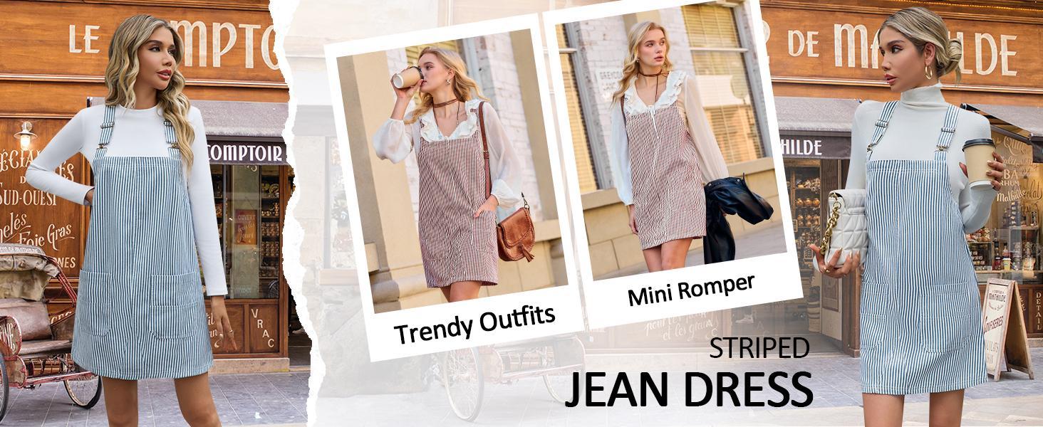 Imily Bela Womens Casual Striped Denim Dress Summer Pinafore Overalls Romper Adjustable Straps Jumper Dress with Pockets