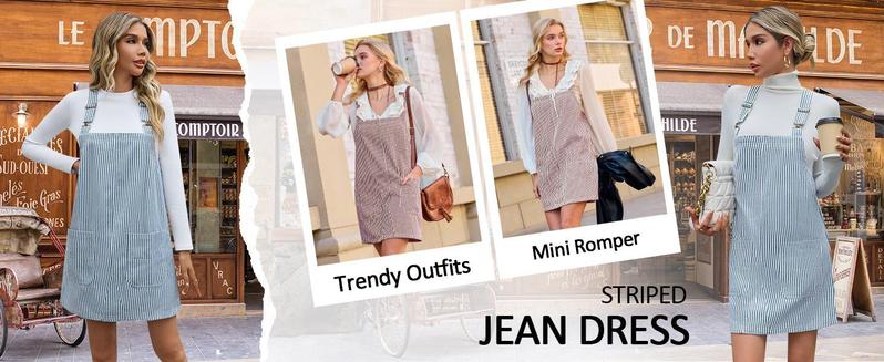 Imily Bela Womens Casual Striped Denim Dress Summer Pinafore Overalls Romper Adjustable Straps Jumper Dress with Pockets