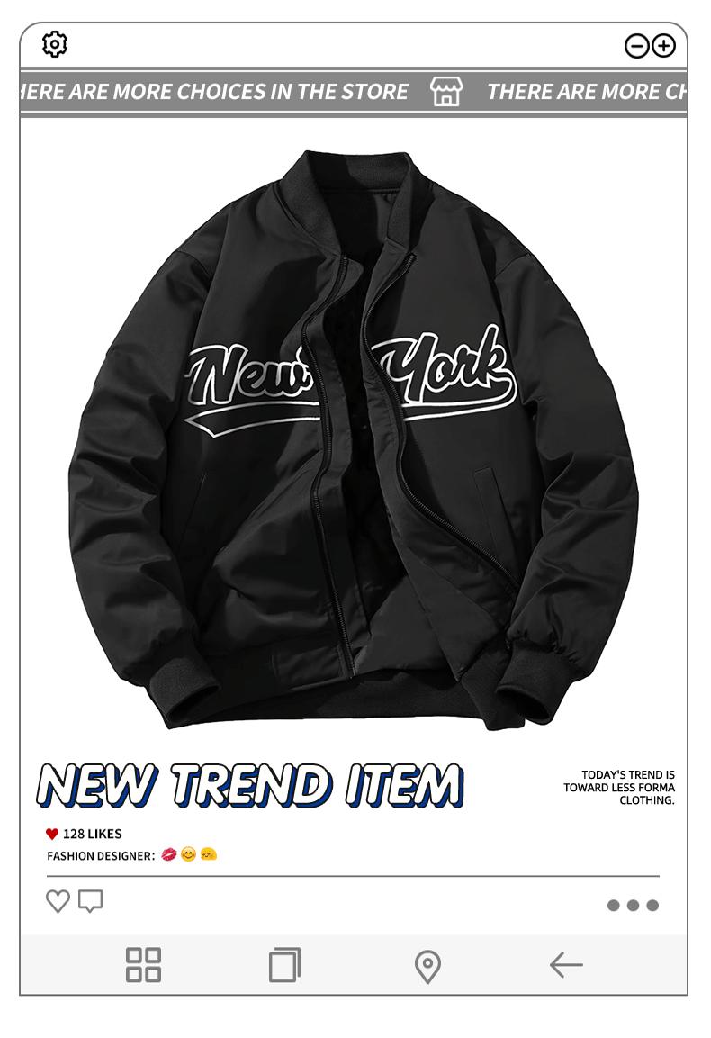 American Vintage Functional Stand Collar Baseball Jacket Men's Spring Autumn Winter Pilot Bomber Coat with 'New York' Embroidery