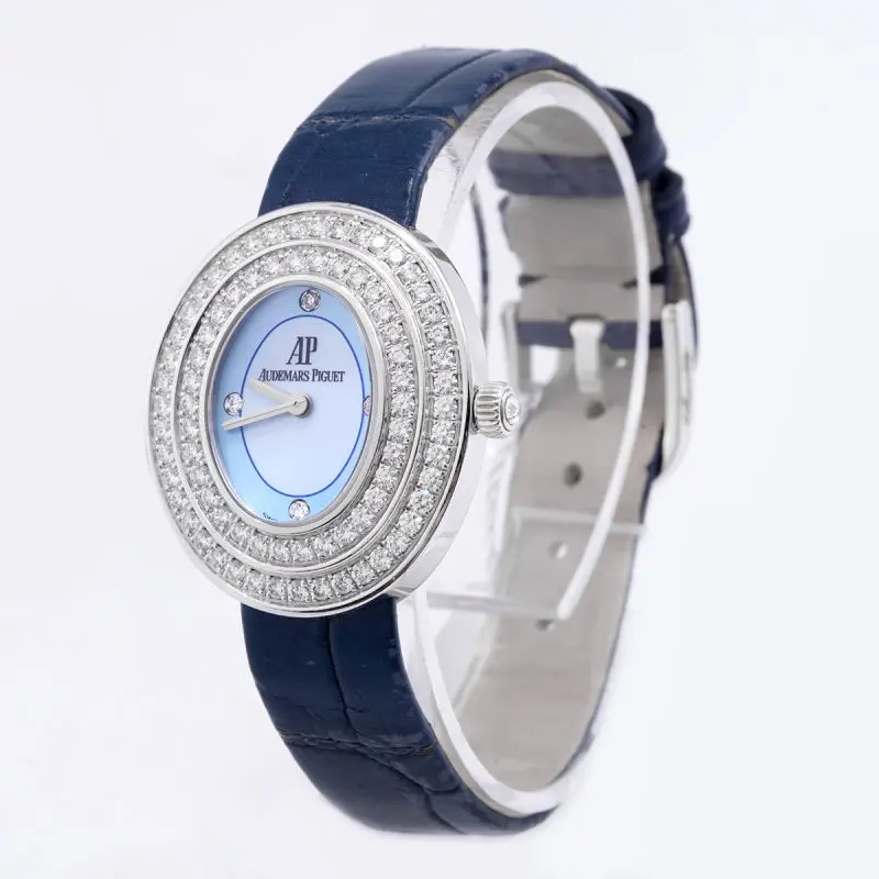 Audemars Piguet Classic Oval 25x29mm 18K White Gold Quartz Factory Diamond Bezel Blue Mother of Pearl Diamond Dial Ladies Watch WHP041889