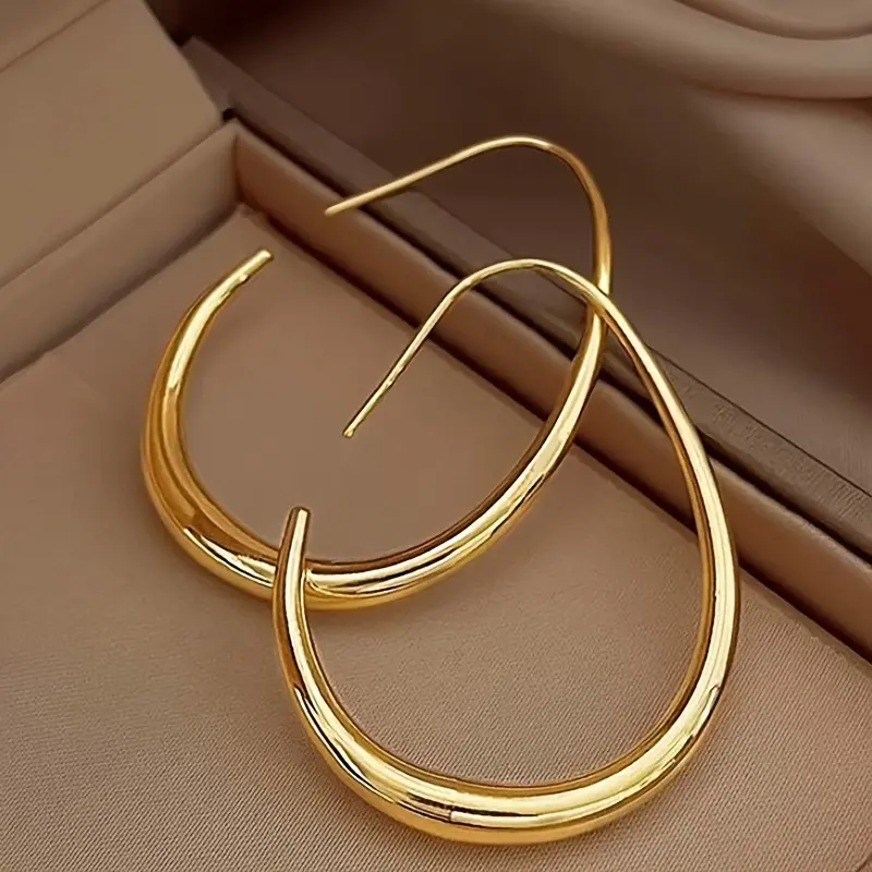 Hypoallergenic Lightweight Earrings for Women, 18K Real Gold Plated Brass Large Oval Pull Through Earrings, High Polished Comfortable Statement Jewelry Gift for Women, Hoop Earrings