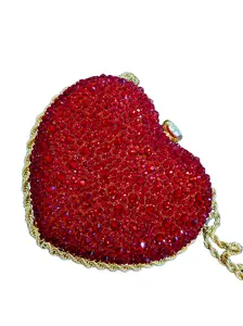 Luxury Red Crystal Heart Clutch Bag | Rhinestone Evening Purse with Gold Chain | Valentine’s Gift