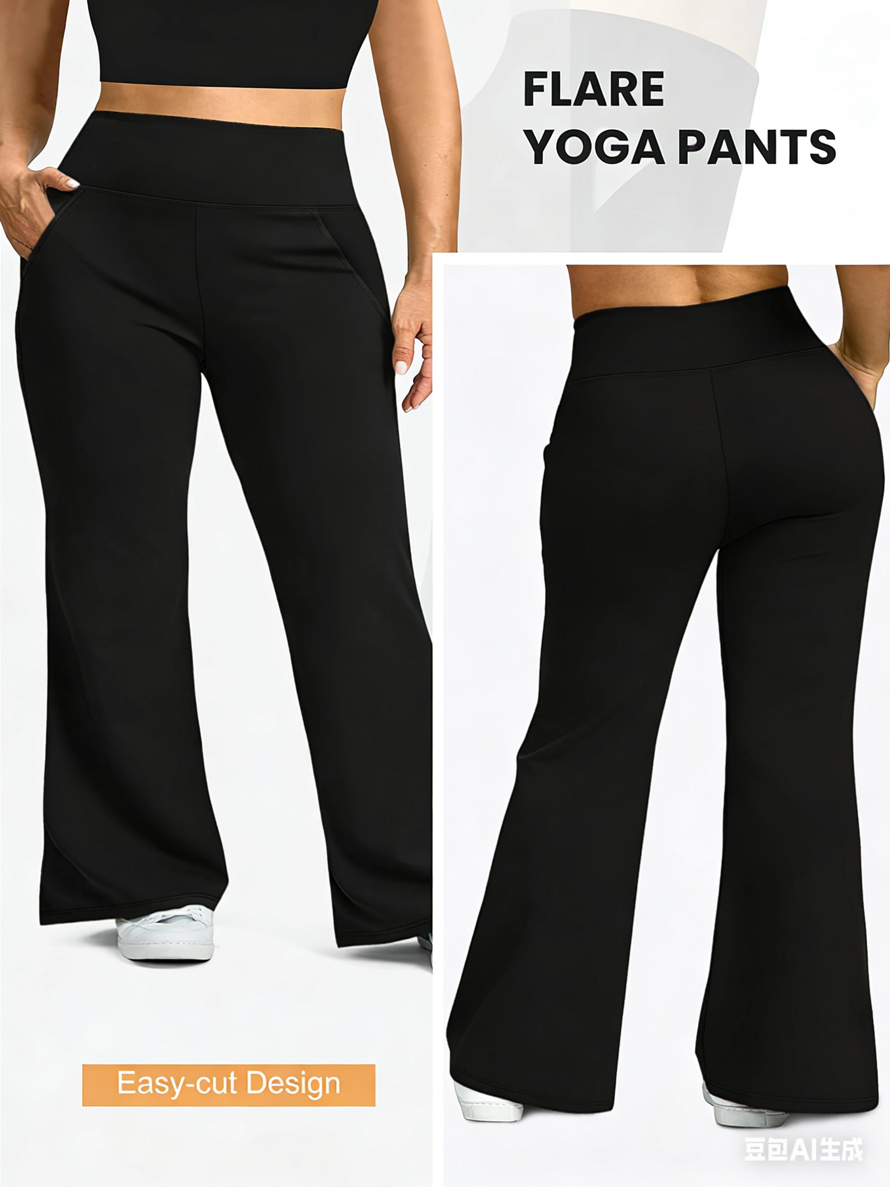 1-Pack Black Plus Size High-Waisted Flare Pants, Tummy Control Stretch Wide-Leg Bell-Bottoms with Pockets, Stretch Pockets Casual Formal All-Season Wear, Wide-Leg Flare,  High-Waisted Tummy Contro