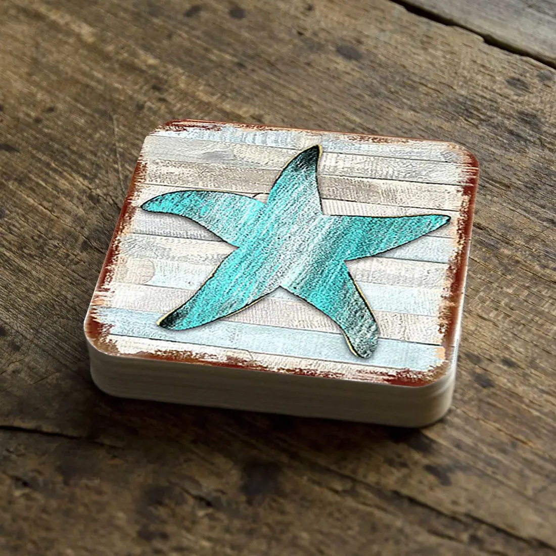 Nature Wonders 8198531-9C-S4 4 x 4 in. Starfish Coastal Wooden Cork Coasters Gift - Set of 4