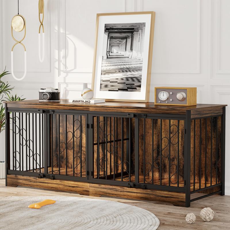 COZPAW 78" Dog Crate Furniture for 2 Dogs,Extra Large Breed Double Chew-Resistant Indoor Pet House,Heavy Duty Wooden XXL Large Kennel, Furniture Style XL Dog Cage, Max 300lbs Capacity (Grey)