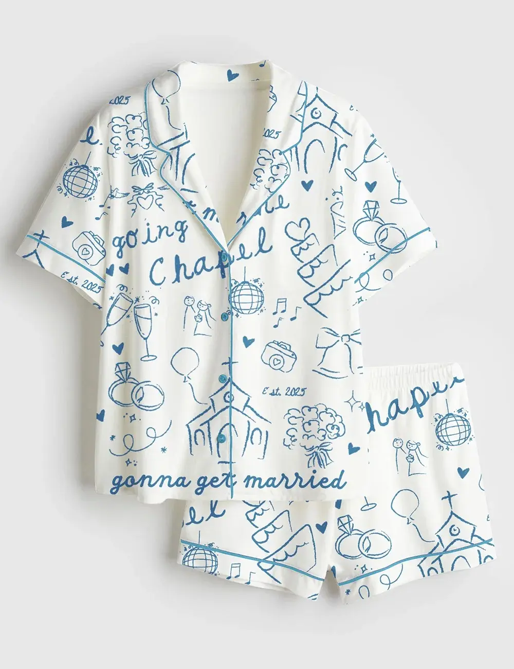 Women’s Going To The Chapel Gonna Get Married Bachelorette Bride Wedding Art Print Short Sleeve Satin Pajama Set
