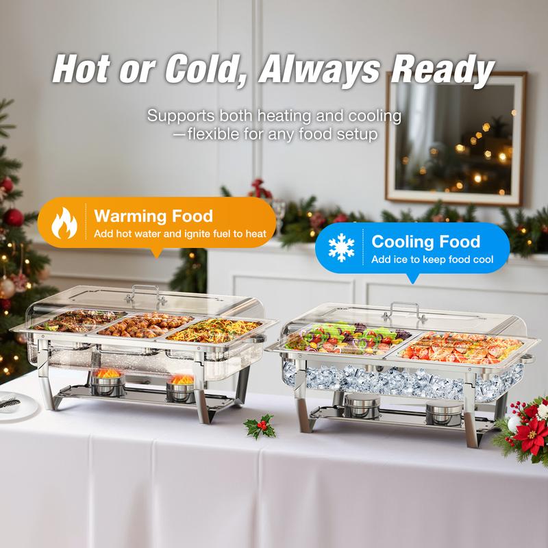 WARMOUNTS  Rectangular 9QT Chafing Dishes for Buffet with Upgraded Multi-Size Food Pans (9QT, 2Pack/4Pack), Large Chafing Dish Set w/Mirror-Polished Stainless Steel, Rolled Rim, Foldable Frame for Party (full-size, 1/2 Size, 1/3 Size Food Pan)