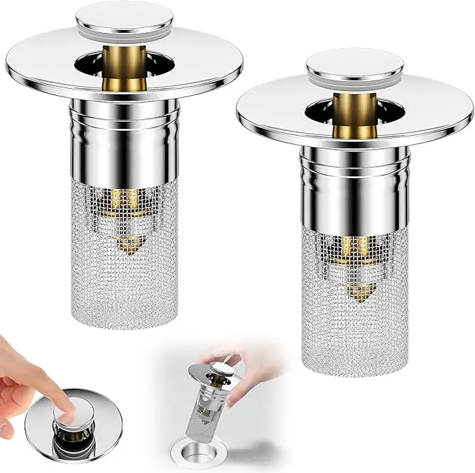 Stainless steel bathroom sink filter screen, bathroom sink stopper, 1/2 inch anti-odor bathroom sink bouncing core, bathroom sink drain stopper, household items, simple installation with filterable spring-type bathroom drain stopper, odor isolation device