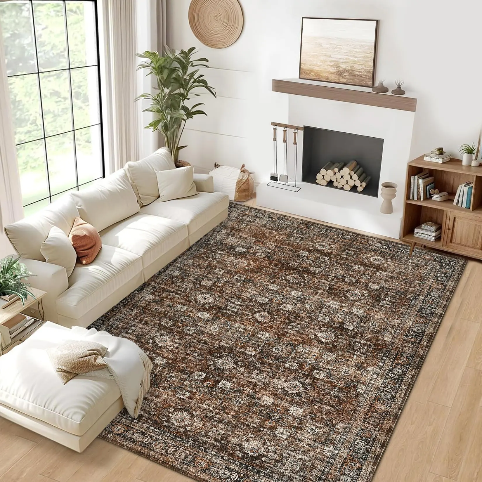 GARVEE Boho Floral Area Rug 8x10 - Machine Washable, Non-Slip, Vintage Soft Throw Rug with Low-Pile, Non-Shedding Design; Foldable Floor Carpet for Living Room, Bedroom, Dining Room, Nursery