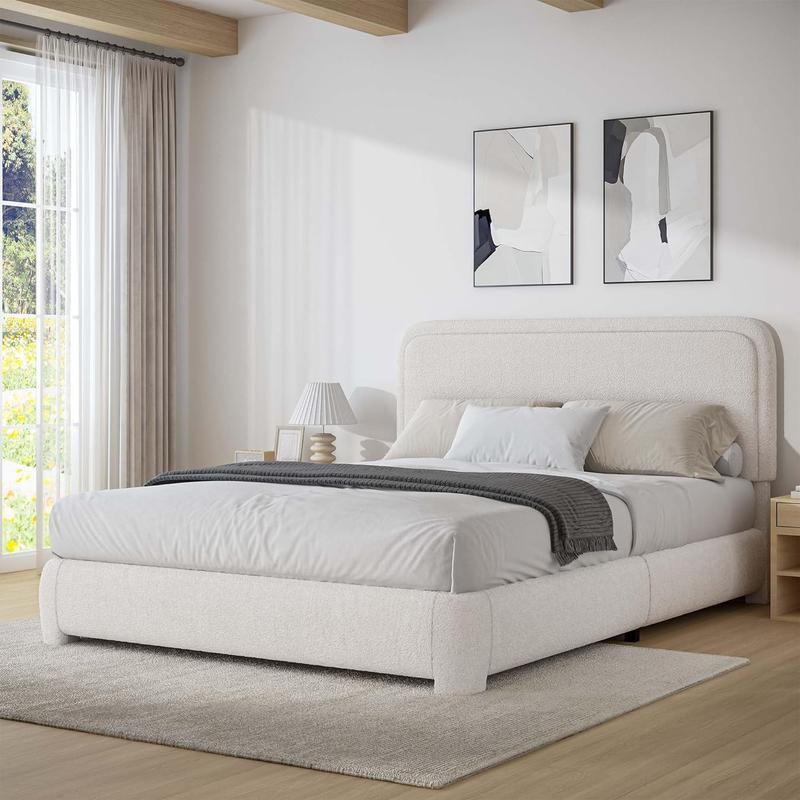 HOMBCK Bed Frame, No Mattress, Boucle Upholstered Platform Bed Frame, Modern, Rounded Corners, Noise Free, Easy Assembly