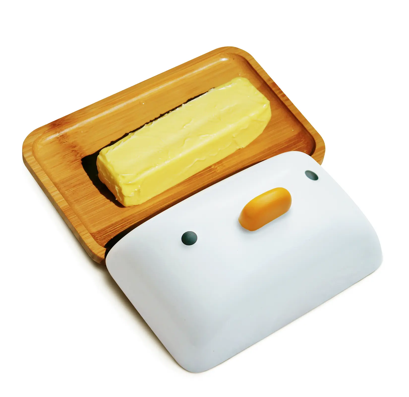 PURROOM Cute Duck Shape Ceramic Butter Dish with Wooden Bamboo Tray, Porcelain Lid, 7x4.7in Anti-Slip Storage for 1 Stick, Microwave-Safe Kitchen Utensil for Countertops, Ideal Gift for Gatherings & Housewives