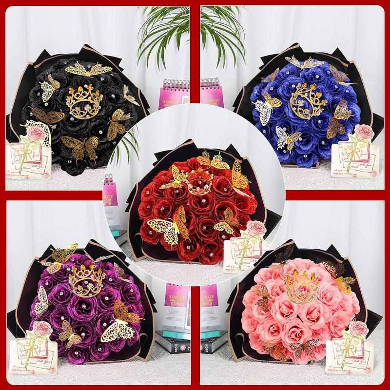 28 Red Glitter Roses Bouquet - Artificial Flowers Bouquet with Diomand Pins,Red Roses DIY Fake Flower Bouquet Kit - Sparkling Flower Arrangement for Valentines Day,Anniversary,Weddings Engagement