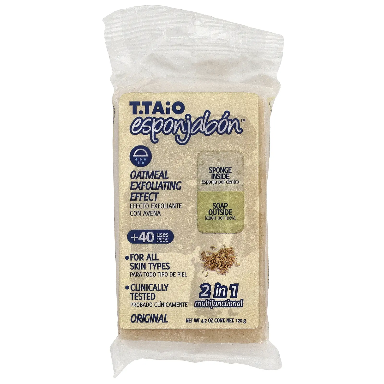 T. Taio Soap Bar With Sponge Inside, Oatmeal, 4.2 oz (120 g)
