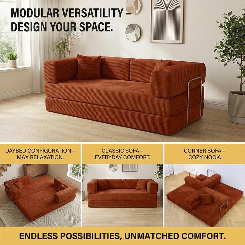 79" Convertible Sleeper Sofa Bed with Cylindrical Pillow Corduroy Folding Mattress Couch Fixed-Shape Frame Modular Compressible Living Room Sofa Set Vintage Suede Comfortable Lounge Chair Lazy Sofa Bean Bag Bedroom Sleeper Modern Cloud Loveseat