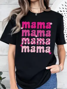 Women's Black Loose T-Shirt: Pink "MAMA MAMA" Letter, Cotton Medium Stretch Non-Transparent, Mother's Day Gift, Daily Gentle Style