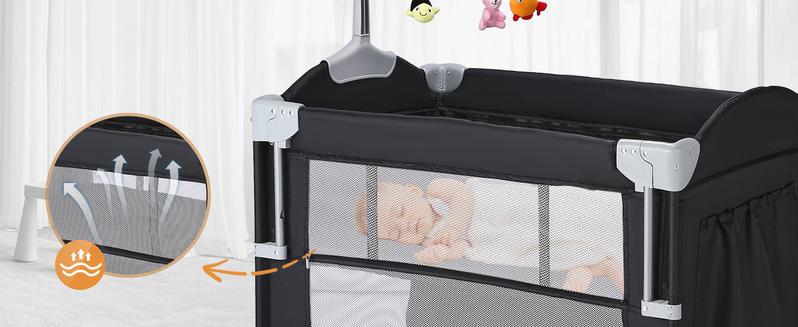 JOYMOR 4 in 1 Pack and Play, Baby Bedside Bassinet, Sturdy Play Yard with Padded Mat and Toy bar with Soft Toys