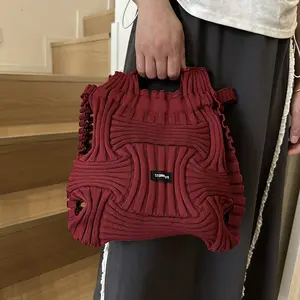 Woven Pleated Double Shoulder Drawstring Bag - Large Capacity Knitted Backpack for Women