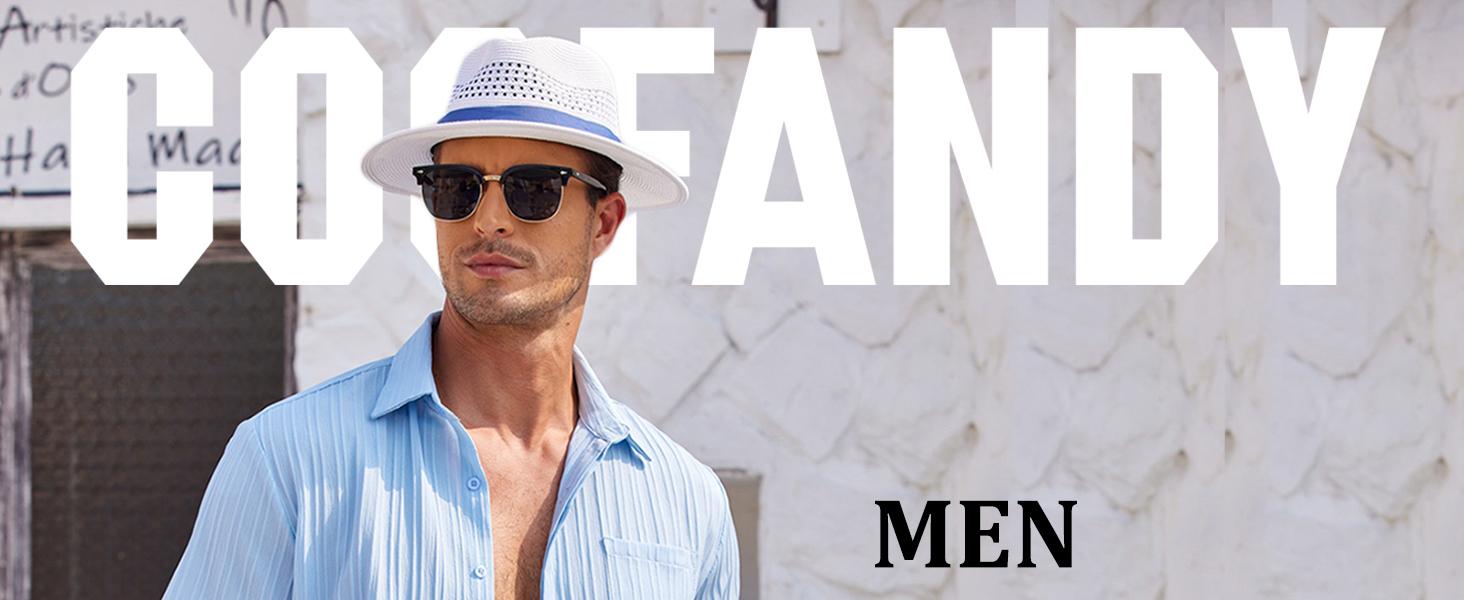 Coofandy Men's Casual Button Down Shirt - Navy Blue Textured Short Sleeve Fitted Collared Neck Summer Beach Top for Men - Canvas