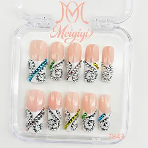 .DP.7843.French-style stacked rhinestone wearable nails