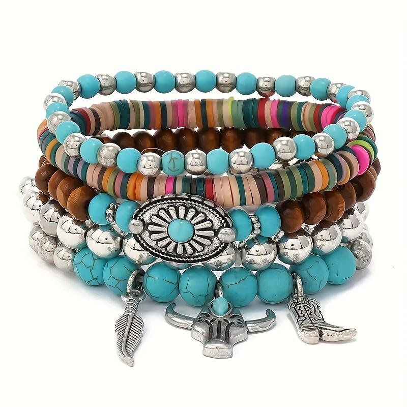 5pcs Elegant Beaded Stretch Bracelet For Women With Turquoise Stone Handmade Beaded Bracelet Retro Pendant Chain Set Charms - Boho Chic Multiple Color Elastic Bead Stackable Bracelets For Daily Wear Fashion Jewelry Set