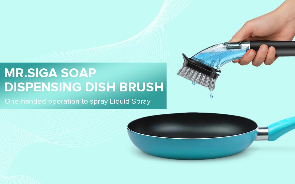 Soap Dispensing Dish Brush with Replaceable Head – Non-Scratch Nylon Bristles, Built-in Scraper & Soap Reservoir (70ml), Ergonomic Grip for Non-Stick Pans, Includes Non-Skid Holder