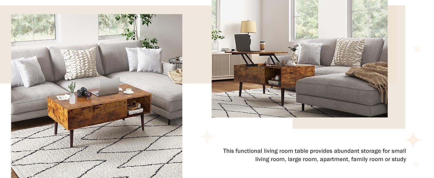 Coffee Table, Lift Top Coffee Tables for Living Room, Rising Tabletop Wood Dining Center Tables with Storage Shelf and Hidden Compartment