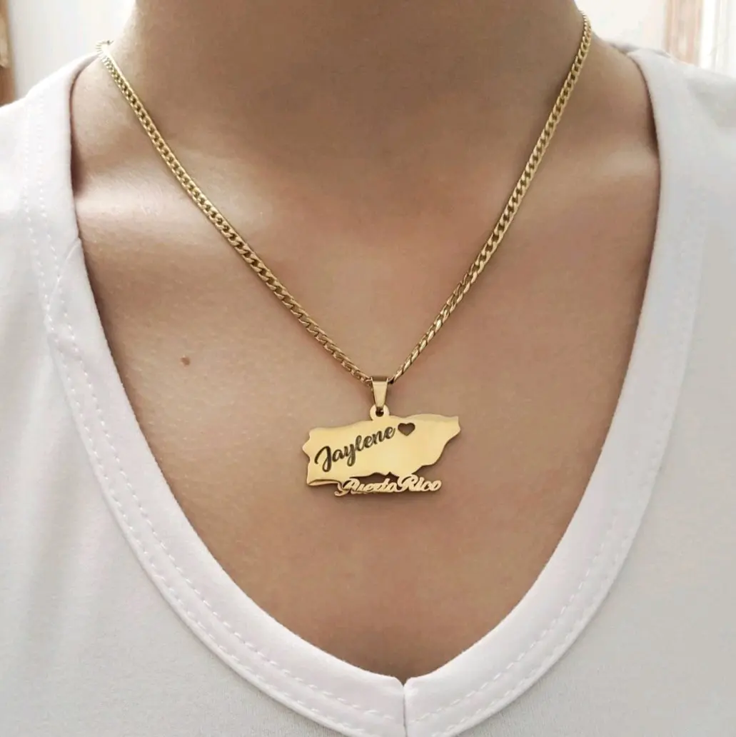 Engravable Gold Puerto Rico Map Necklace, Waterproof, Tarnish Free, Send Seller a Message with Name or Word of Choice.