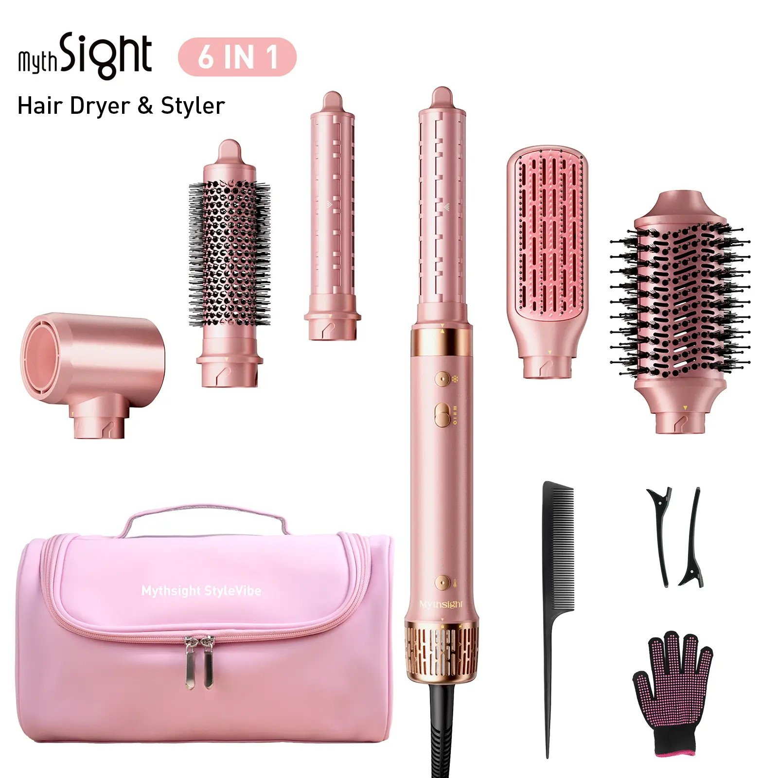 Mythsight 6 in 1 Hot air styler, Hair Dryer & Styler with Travel Case, Fast Drying, Auto Wrap Curls (L/R), Hair blow dryer brush, Smooth & Frizz-Free blowout, volumizing blowout, Perfect gifts for Women, Friend,Travel