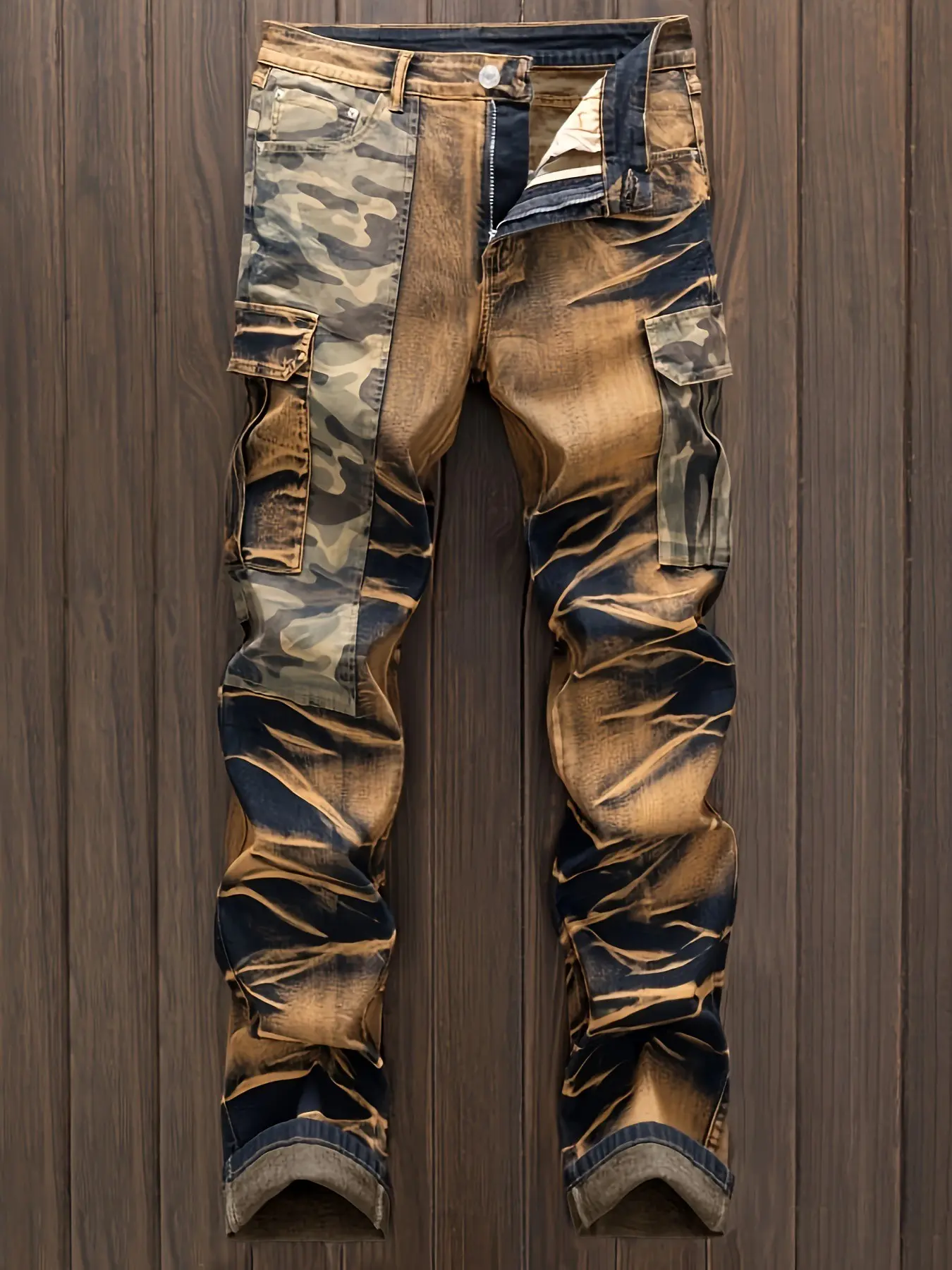 Men's Camo Print Patchwork Jeans, Casual Comfy Regular Fit Jeans for Daily Wear, Fashion Men's Bottoms for All Seasons, Classic