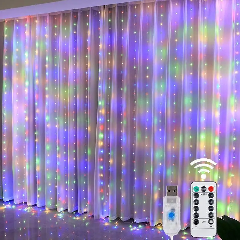 USB LED Fairy Curtain Lights with Remote Control, 8 Lighting Modes, 9.8x9.8 ft Waterproof Festive Colorful Decorative Lights for Bedroom Christmas Party, Valentine’s Day Home Decor