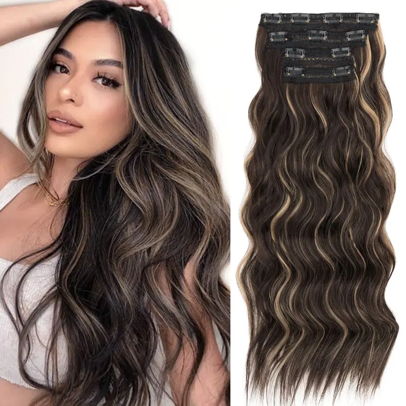 MY-LADY Hair Extensions for Women, 20/24 Inch Long Body Wave Synthetic Artificial Hair, 4-Piece Clip-in Thick Hairpiece for More Volume, Hair Products campingessentials