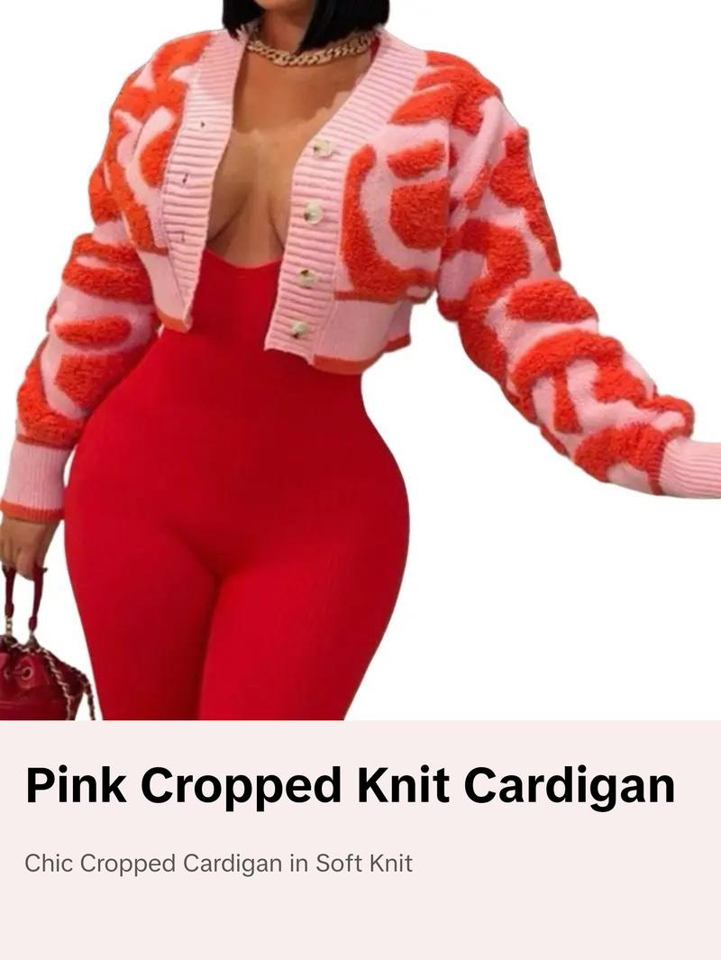 Pink Knit Cardigan - Cropped Design, Soft Knit Fabric, Versatile Style for Women - Knitwear, Womenswear Elegance Outfit