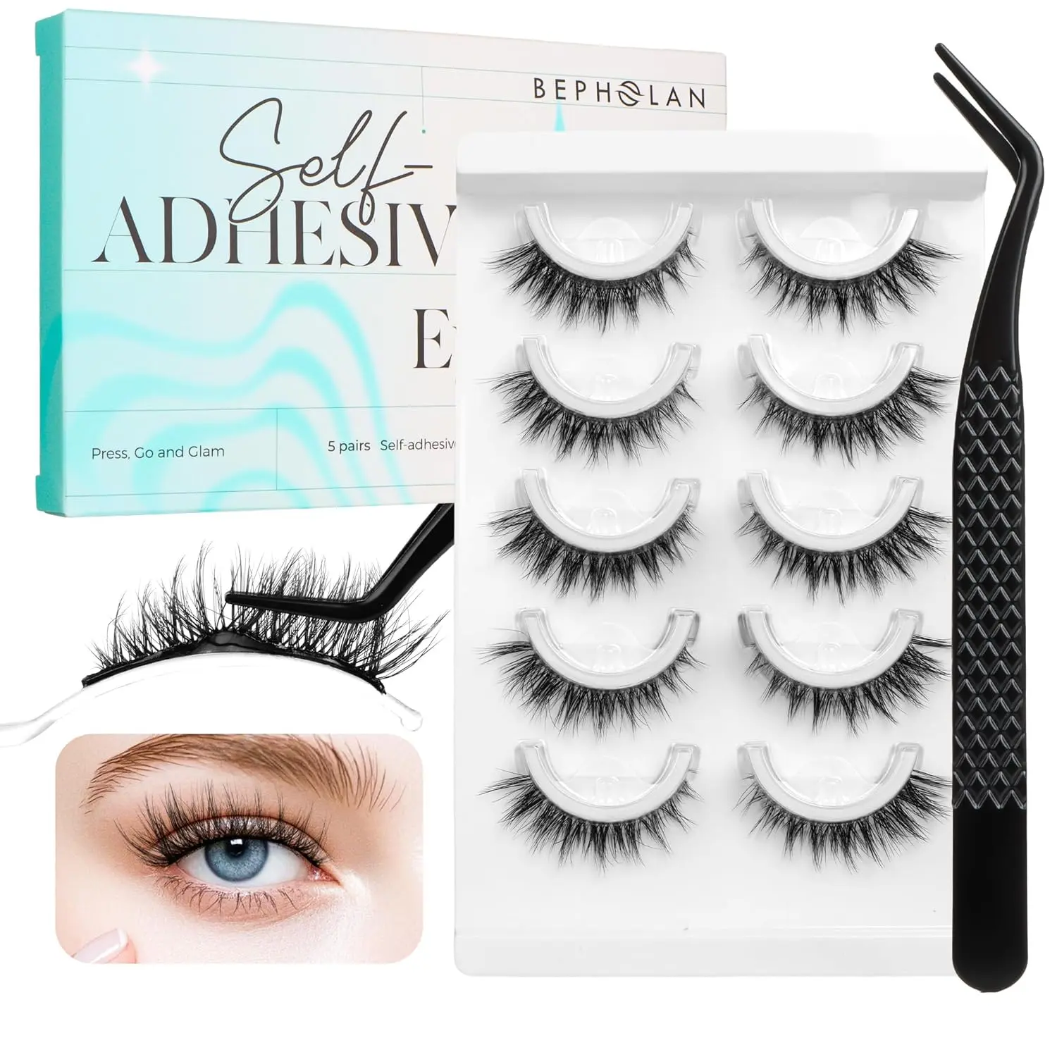 Bepholan 5 Pairs Self Adhesive Eyelashes Natural Look No Glue Needed False Eyelashes Reusable Press On Lashes of Replacement Adhesive Strips