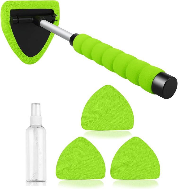 Windshield Cleaning Tool, Microfiber Car Window Cleaning Tool with 4 Reusable,Washable Microfiber Pads,Extendable Handle,Auto Interior Exterior Glass Wiper Car Glass Cleaner Kit,Car Cleaning Supplies