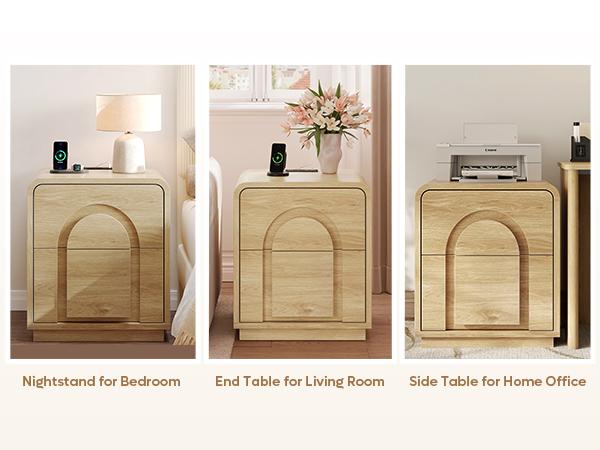 Bestier Nightstand with Charging Station, Modern LED End Table Bedside Table with Drawer for Bedroom & Living Room, Natual Oak