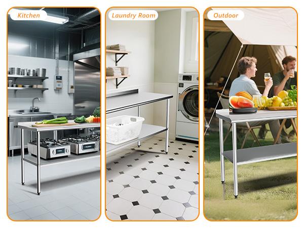 ROVSUN 30/36/48/60/72'' x 24'' Stainless Steel Table for Prep & Work,Commercial Worktables & Workstations, NSF Heavy Duty Metal Table with Adjustable UnderShelf & Backsplash for Kitchen, Restaurant,Home,Hotel