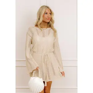 Oceanside Dreaming Pointelle Knit Mini Dress in Oatmeal