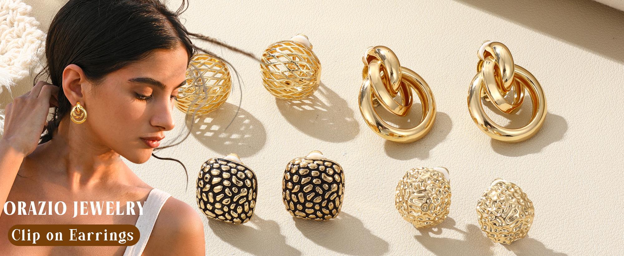 ORAZIO Women's 4Pairs Clip-On Earrings Set Gold Silver Chunky Teardrop Twist Round Stud No Piercing High-Quality Alloy Ear Clips for Any Occasion