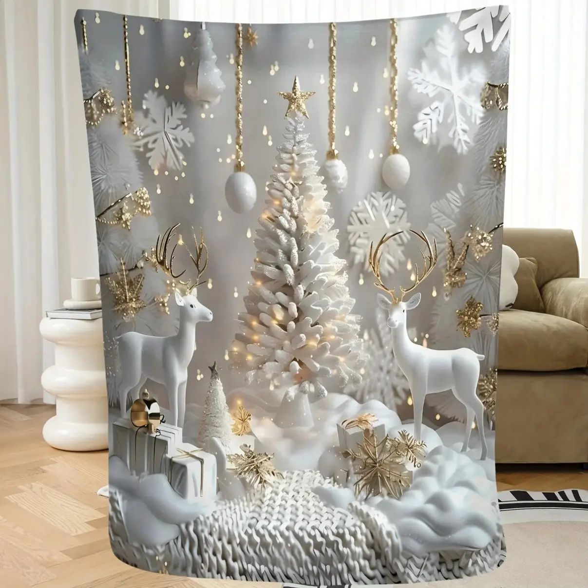 [Luxury Christmas Blanket] Luxury Flannel Christmas Soft Blanket - Winter Throw with White & Golden Accents, Plush Couch, Bed  Skin-friendly, soft, breathable and lightweight