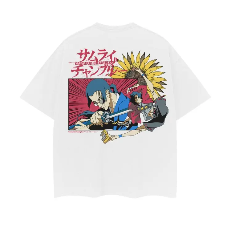 Men's Samurai Champloo "Sunflower" Vintage Oversized Loose Round Neck Shortsleeve 100% Cotton Menswear Anime T-Shirt, Unique Gifts for Man, 90s Graphic Casual White Top with Original Design