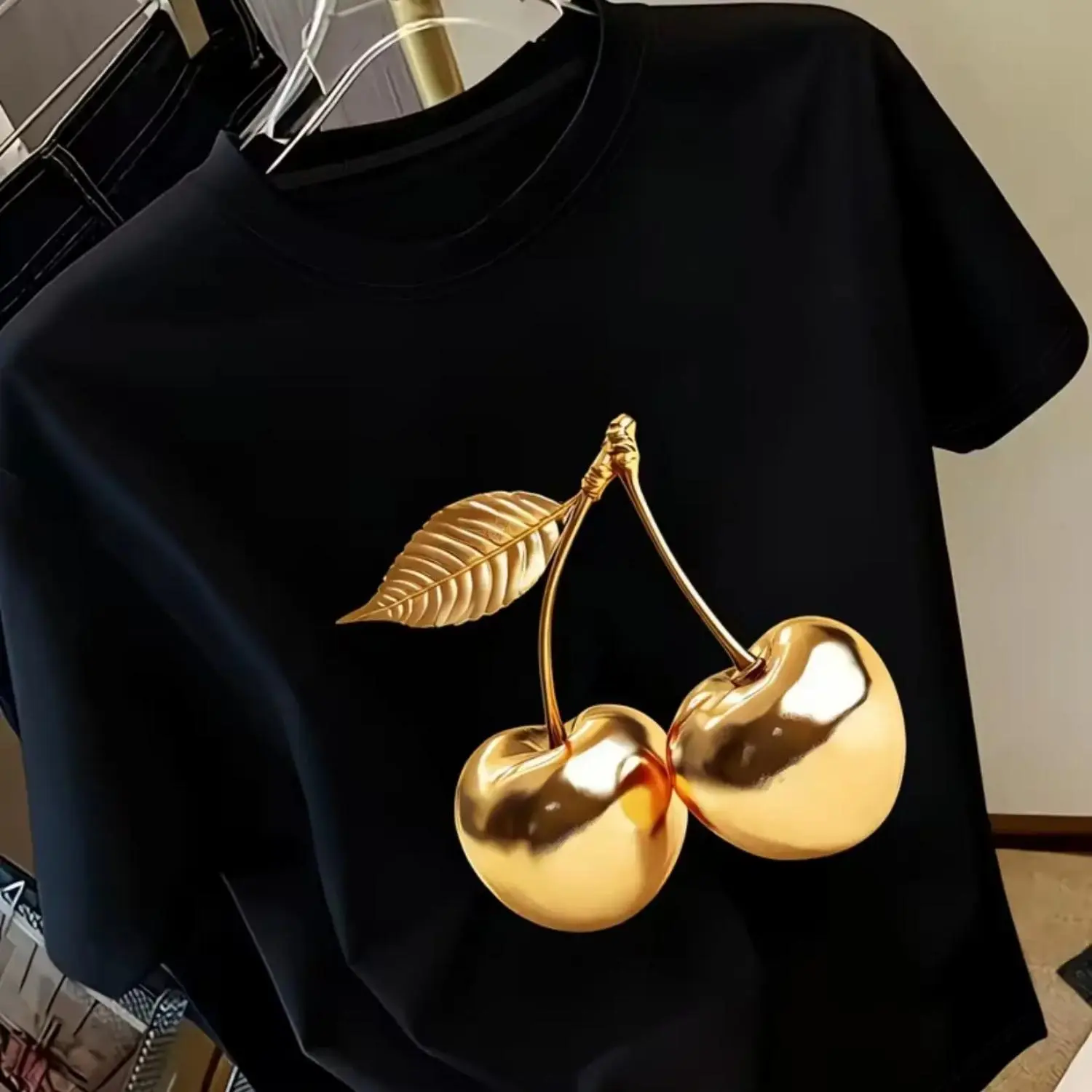Gold Cherry Metallic T-Shirt |     3D Luxury Graphic White Tee |     Trendy Y2K Casual Top