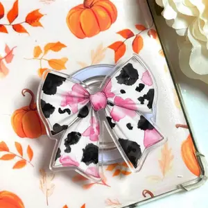 Aesthetic Pink Cow Print Coquette Bow Magnetic Phone Grip, Retro Western Ribbon Magsafe Kickstand, Trendy Girly Preppy Cowgirl Gift For Her