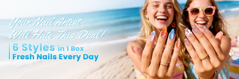 144 Pcs Press On Nails (6 Packs) | Nude Pink French, Bow & Floral Mix | Almond & Coffin Shapes | 3D Flower, Ribbon Bow & Glitter Styles | Reusable Stick On Nails with Jelly Glue | 12 Sizes