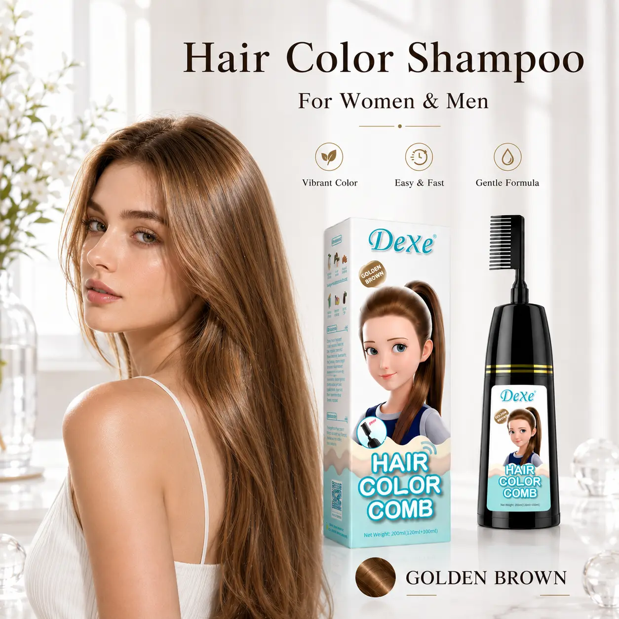 Home Use Integrated Comb Semi-Permanent Hair Dye Cream - Plant Essence, Mild, Non-Damaging, Long-Lasting, Fade-Resistant, Ash Brown & Ash Blonde Highlight Color Fixation, Haircare, Ash Blonde Semi-Permanent Color