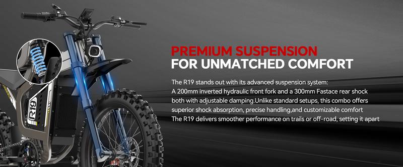 COSWHEEL R19 Adult Electric Bike 6000W 72V 40AH 19 Inch Tires 50MPH 125 Miles Range, frenos de disco hidráulicos duales, suspensión completa,Off-Road Electric Bike for Teenagers Snow Mountain.