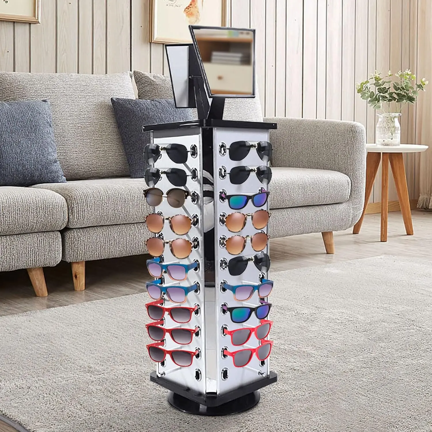 44 Pairs Sunglasses Organizer Holder Glasses Display Stand Sunglass Rack Holder W/ Mirror, 360° Rotating Hanging Hook Display Stands Carousel Holder for Home, Glasses Shop , Exhibition Display