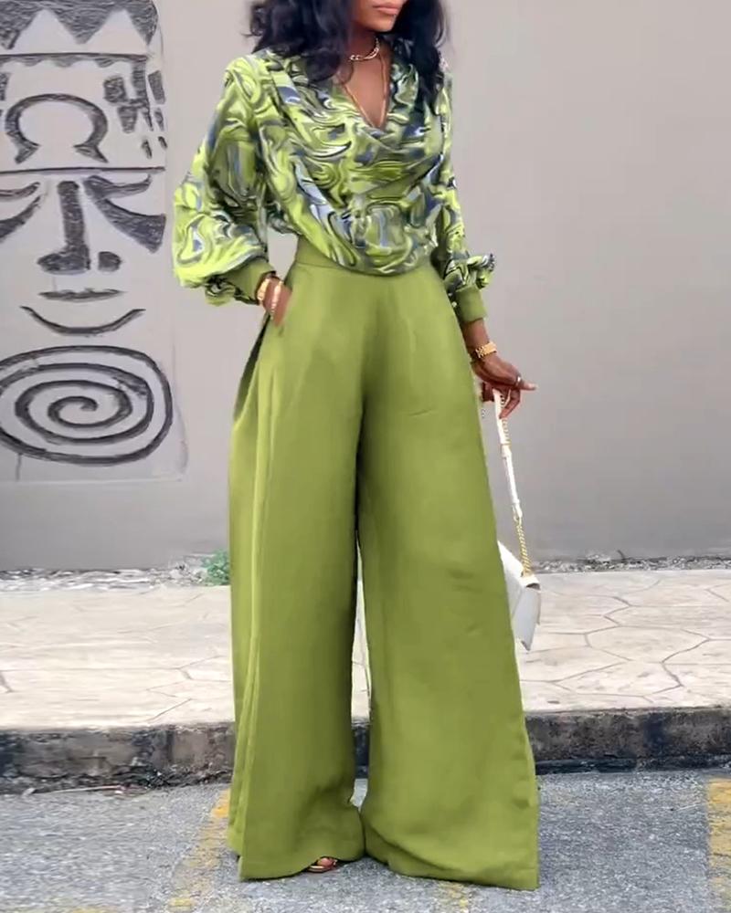 2026 Spring ChicMe 2 Pieces Outfit Abstract Print Cowl Neck Lantern Sleeve Loose Top and Casual Ruched Slit Wedding Guest Wide Leg Pants Wedding Set Abstract Print Set Perfect for St. Patrick's Day