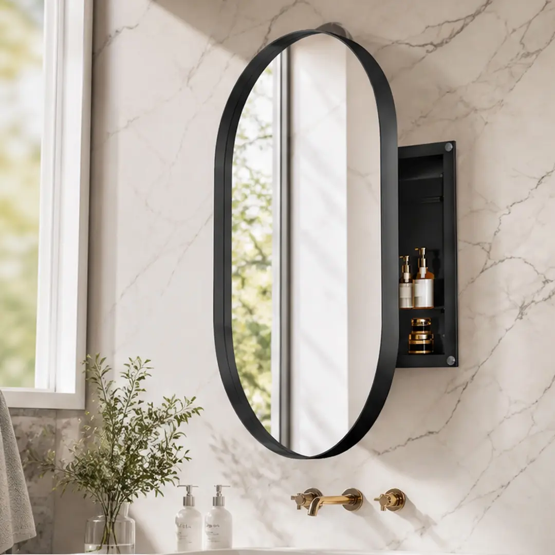 ARCH 20x34 Inch Oval Recessed Medicine Cabinet, Metal Framed Bathroom Wall Cabinet with Mirror and Adjustable Shelves, Wall Mirror with Storage for Bathroom, Matte Black, 2 Shelves, Wall Mounted, Dust-Proof Fog-Proof Anti-Corrosion