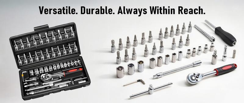 46pcs Chrome Vanadium Steel 1/4 Inch Drive Quick-Release Socket Ratchet Wrench Set - Metric Bit Sockets, Extension Bar, Corrosion-Resistant Kitchen Hardware for Auto Repairing, Gift for Husband, Boyfriend, Machinery
