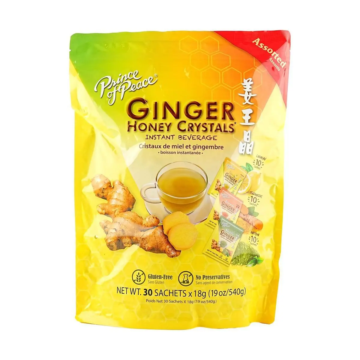 Prince of Peace Ginger Honey Crystals Assorted Flavors - 30 Packets (18g each) - Instant Warm Ginger Tea for Cold Relief, Soothing Menstrual Cramps, Hand & Foot Warmth